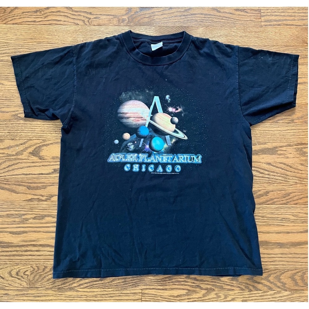 Vintage 2003 Adler Planetarium Chicago Space T-Shirt Black Anvil Size L Y2K